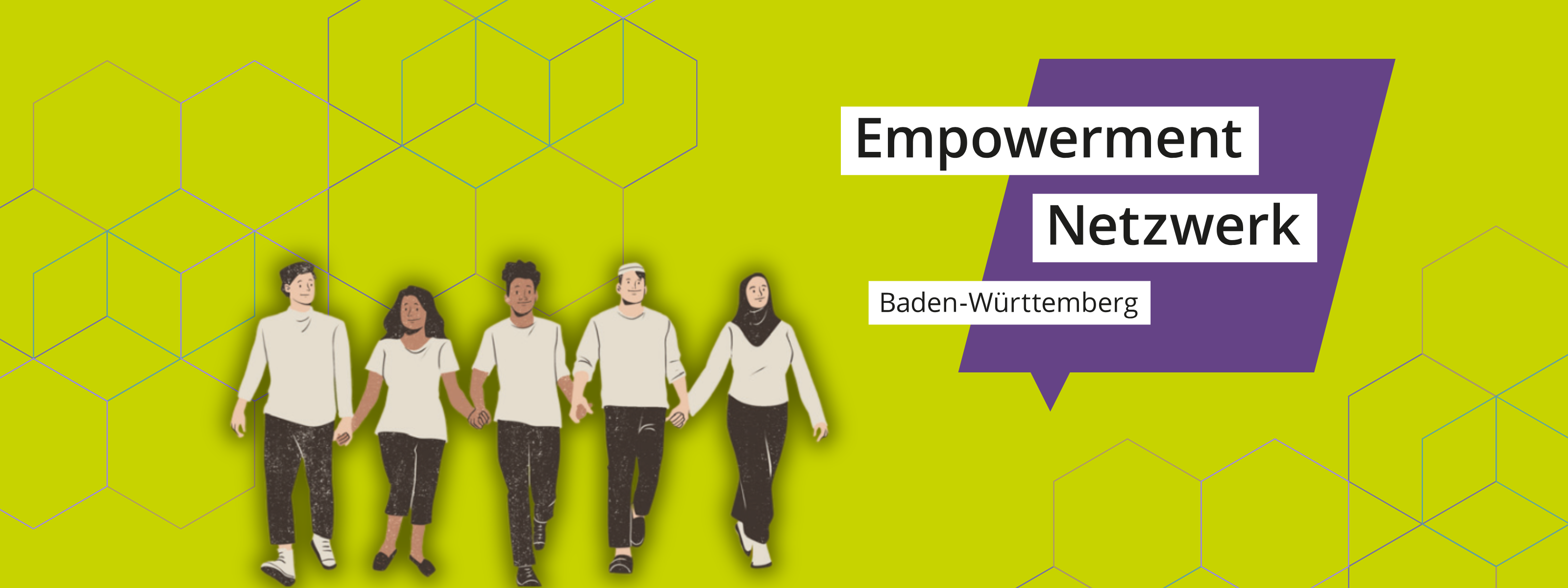 Das Bild zeigt verschiedene Menschen und verweist auf das Empowerment-Netzwerk Baden-Württemberg